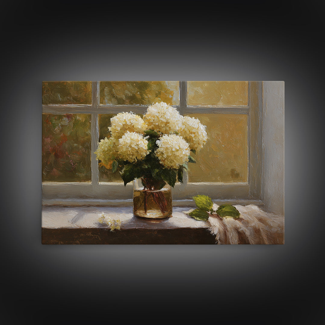 Sunlit Hydrangeas on a Windowsill Framed Canvas Print, Bed and Breakfast Art, Trendy Wall Art, Living Room Decor, Fine Art, BAB-3x2-86