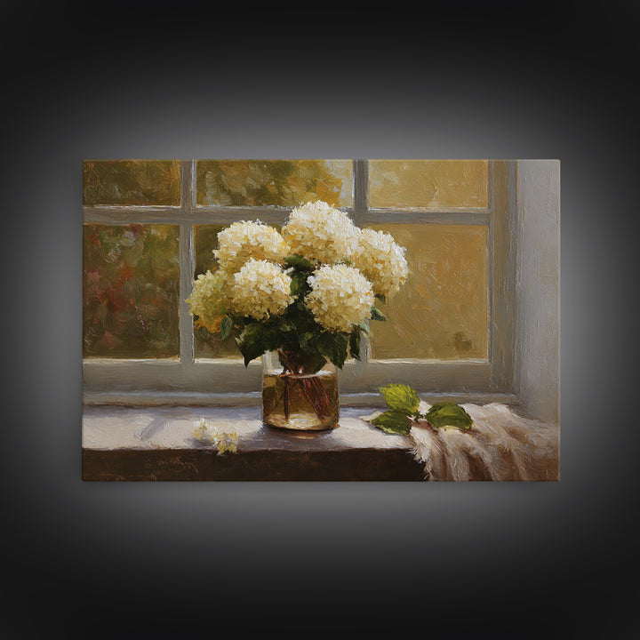 Sunlit Hydrangeas on a Windowsill Framed Canvas Print, Bed and Breakfast Art, Trendy Wall Art, Living Room Decor, Fine Art, BAB-3x2-86