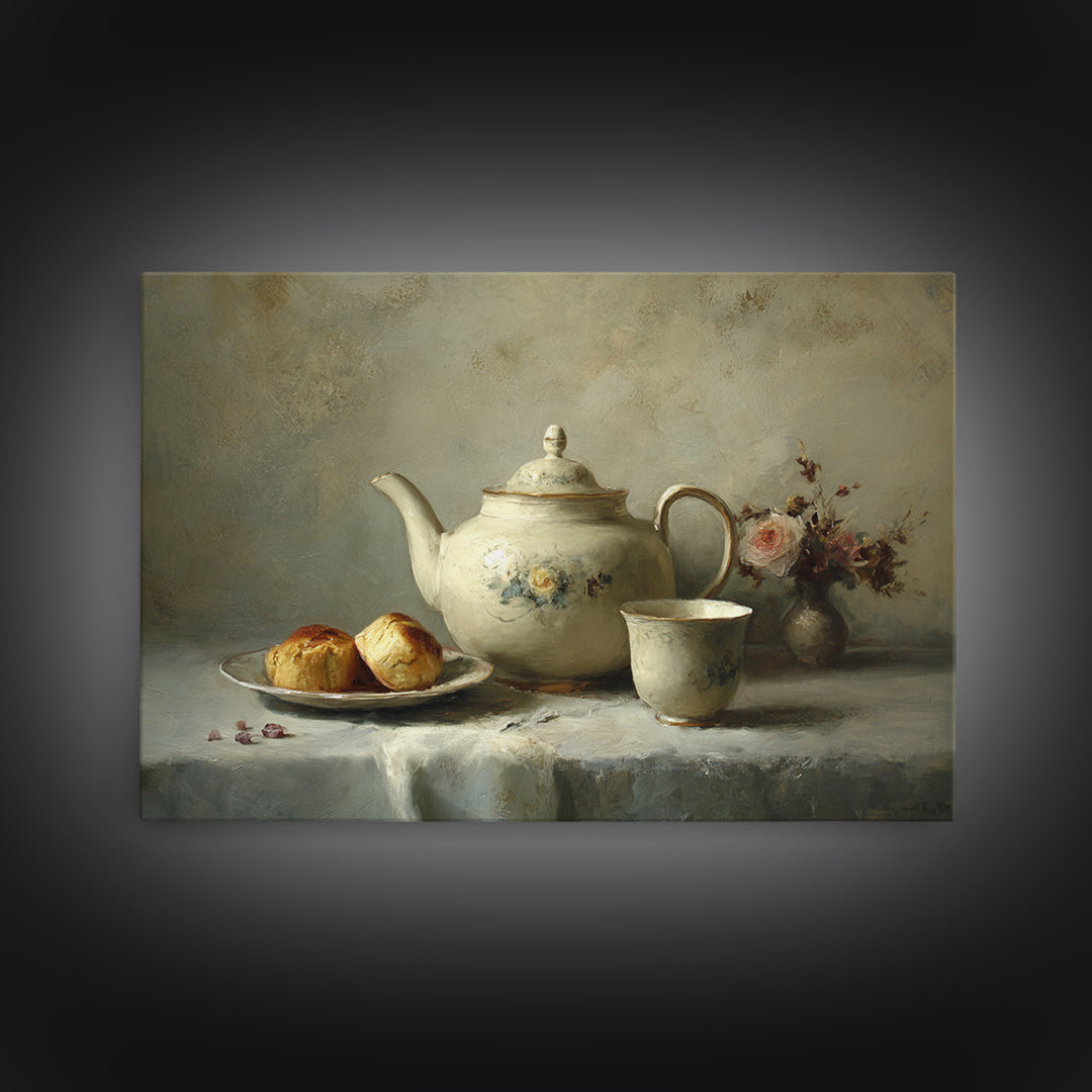 Porcelain Teapot and Scones Canvas Print, Bed and Breakfast Art, Wall Decor, Living Room Decor, Fine Art, Dopamine Decor, BAB-3x2-88