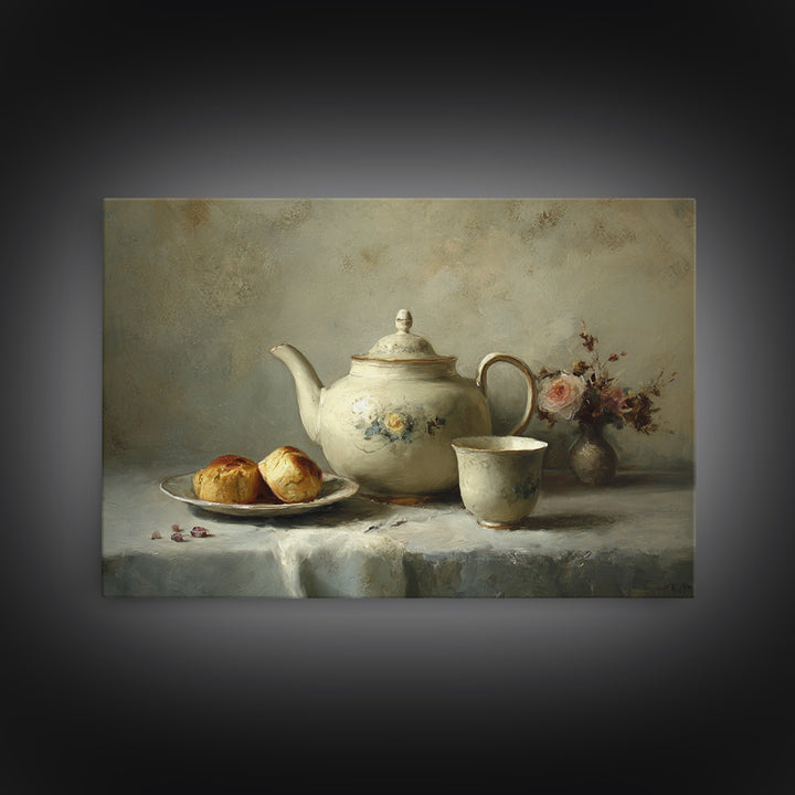 Porcelain Teapot and Scones Canvas Print, Bed and Breakfast Art, Wall Decor, Living Room Decor, Fine Art, Dopamine Decor, BAB-3x2-88