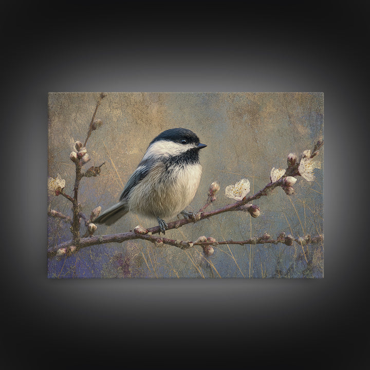Small Bird on a Flowering Branch Framed Canvas Print, Bed and Breakfast Art, Farmhouse Wall Art, Living Room Decor, Fine Art, BAB-3x2-90