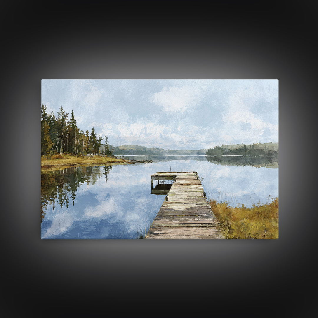 Quiet Lake Dock at Early Morning Canvas Print, Bed and Breakfast Art, Coffee Wall Art, Living Room Decor, Oil Painting, BAB-3x2-98