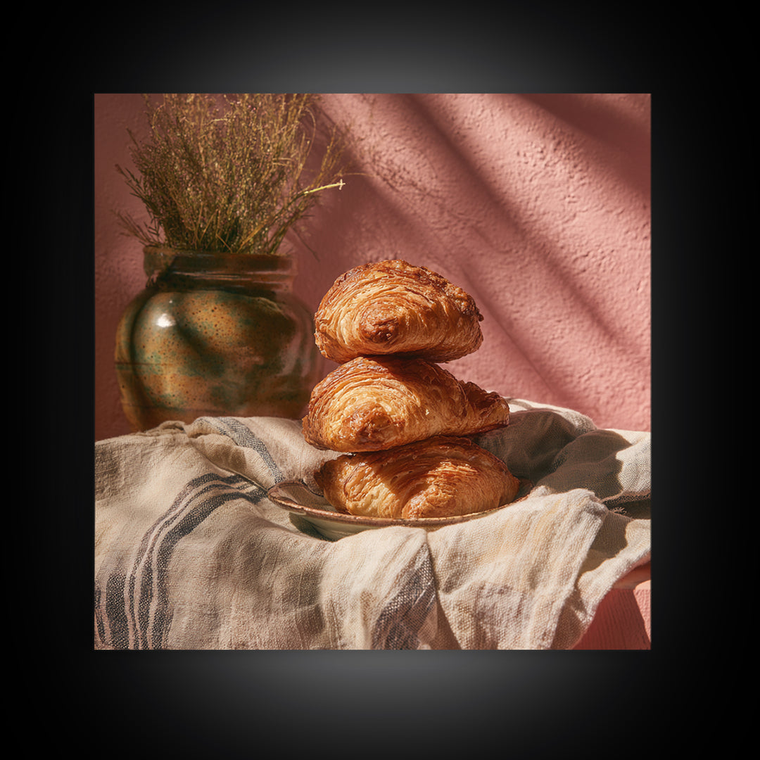 Buttery Croissants Stacked on Striped Linen Framed Canvas Print, Bakery Art, Modern Decor, Bakery Decor, Abstract Art, BAK-1x1-1