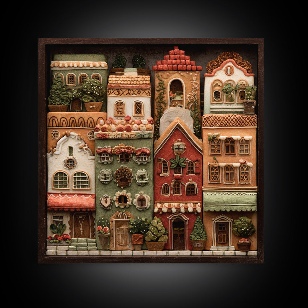 Gingerbread Houses in Charming Folk Art Style Canvas Print, Bakery Art, Whimsical Wall Art, Bakery Decor, Fine Art, Patisserie, BAK-1x1-14