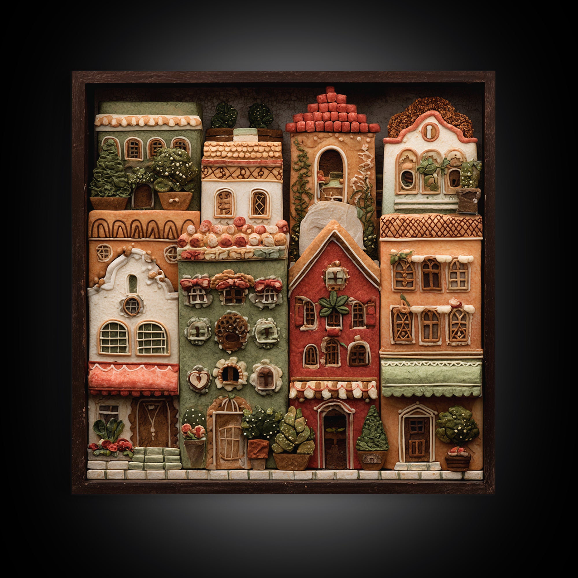 Gingerbread Houses in Charming Folk Art Style Canvas Print, Bakery Art, Whimsical Wall Art, Bakery Decor, Fine Art, Patisserie, BAK-1x1-14