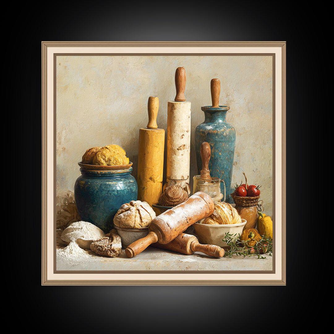 Patisserie Pattern of Rolling Pins and Pastries Framed Canvas Print, Bakery Art, Neutral Decor, Bakery Decor, Patisserie, BAK-1x1-21