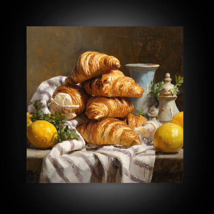 Buttery Croissants Stacked on Striped Linen Canvas Print, Bakery Art, Room Decor, Bakery Decor, Abstract Art, Patisserie, BAK-1x1-25