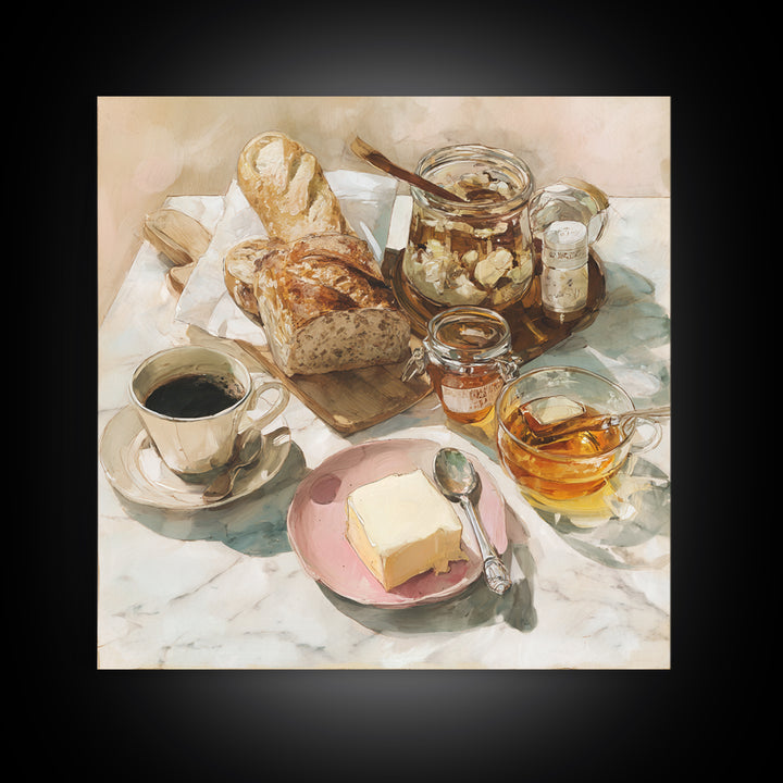 Baguette and Butter Still Life on Marble Framed Canvas Print, Bakery Art, Gallery Decor, Bakery Decor, Fine Art, Patisserie, BAK-1x1-32