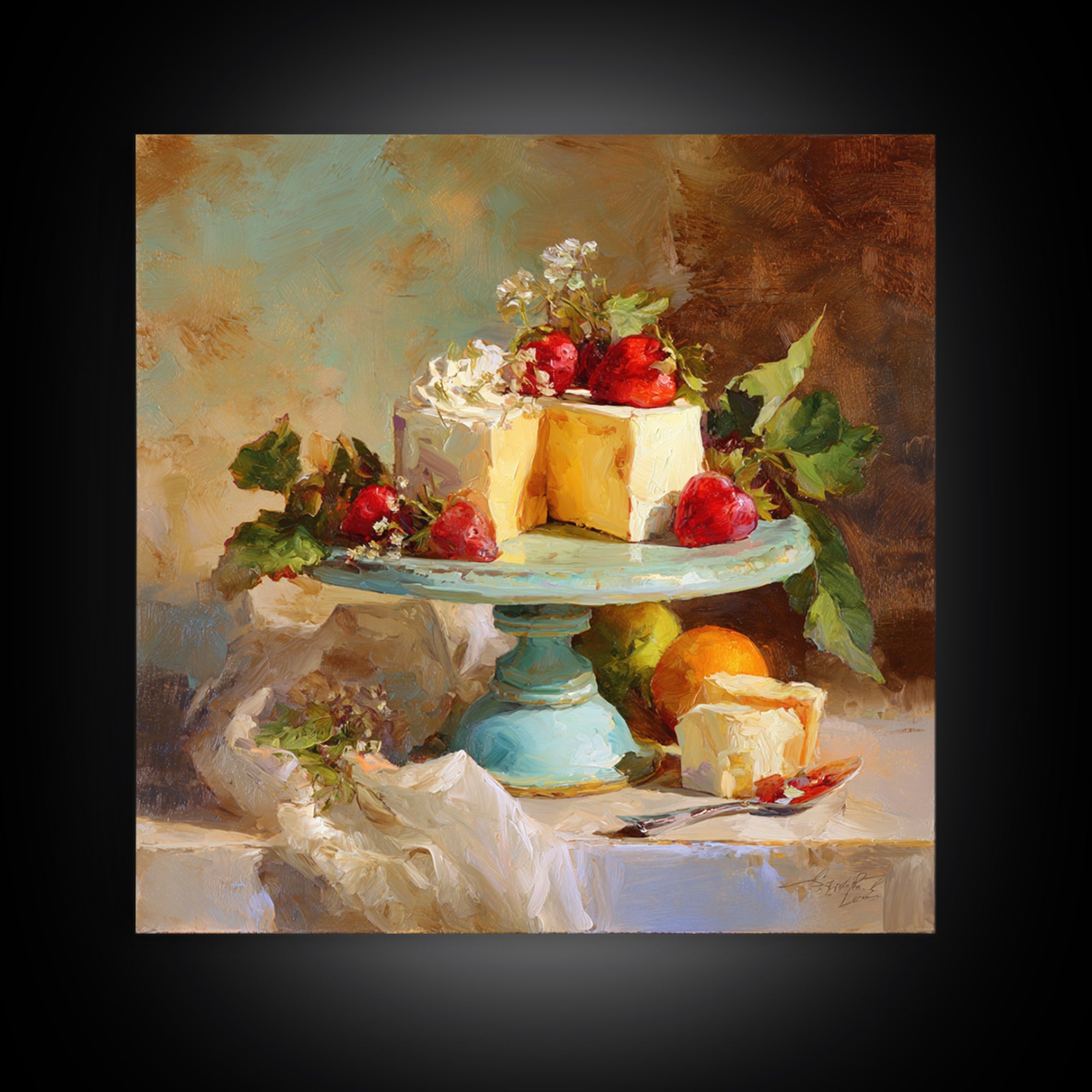 Pastel Cake Stand Framed Canvas Print, Bakery Art, Boho Decor, Bakery Decor, Oil Painting, Patisserie, Printable Wall Art, BAK-1x1-37