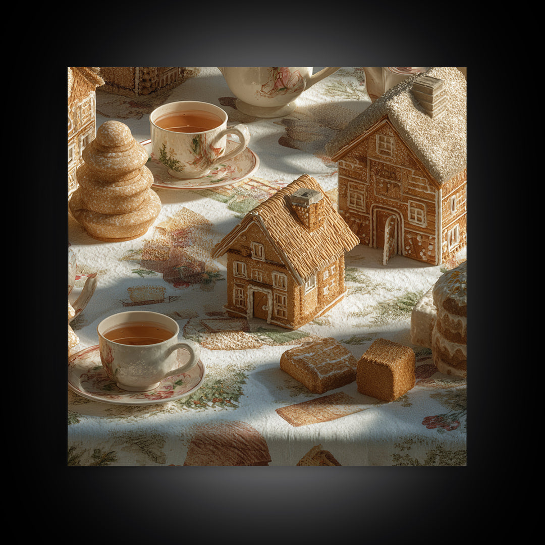 Gingerbread Houses in Charming Folk Art Style Framed Canvas Print, Bakery Art, Gallery Decor, Bakery Decor, Patisserie, BAK-1x1-38