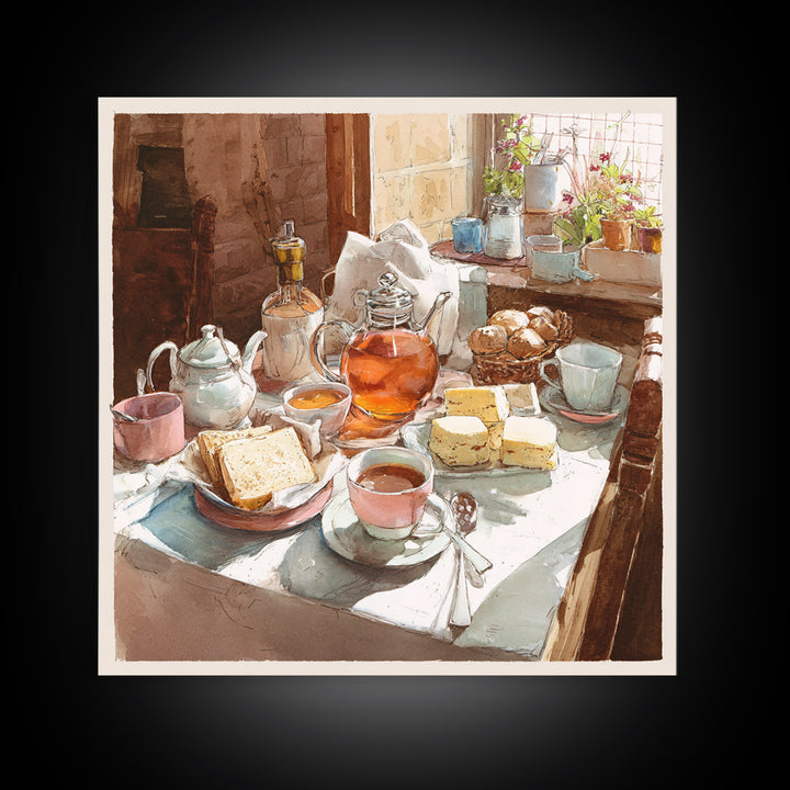 Tea and Scone Arrangement Framed Canvas Print, Bakery Art, Watercolor Painting, Bakery Decor, Patisserie, Aesthetic Wall Art, BAK-1x1-44