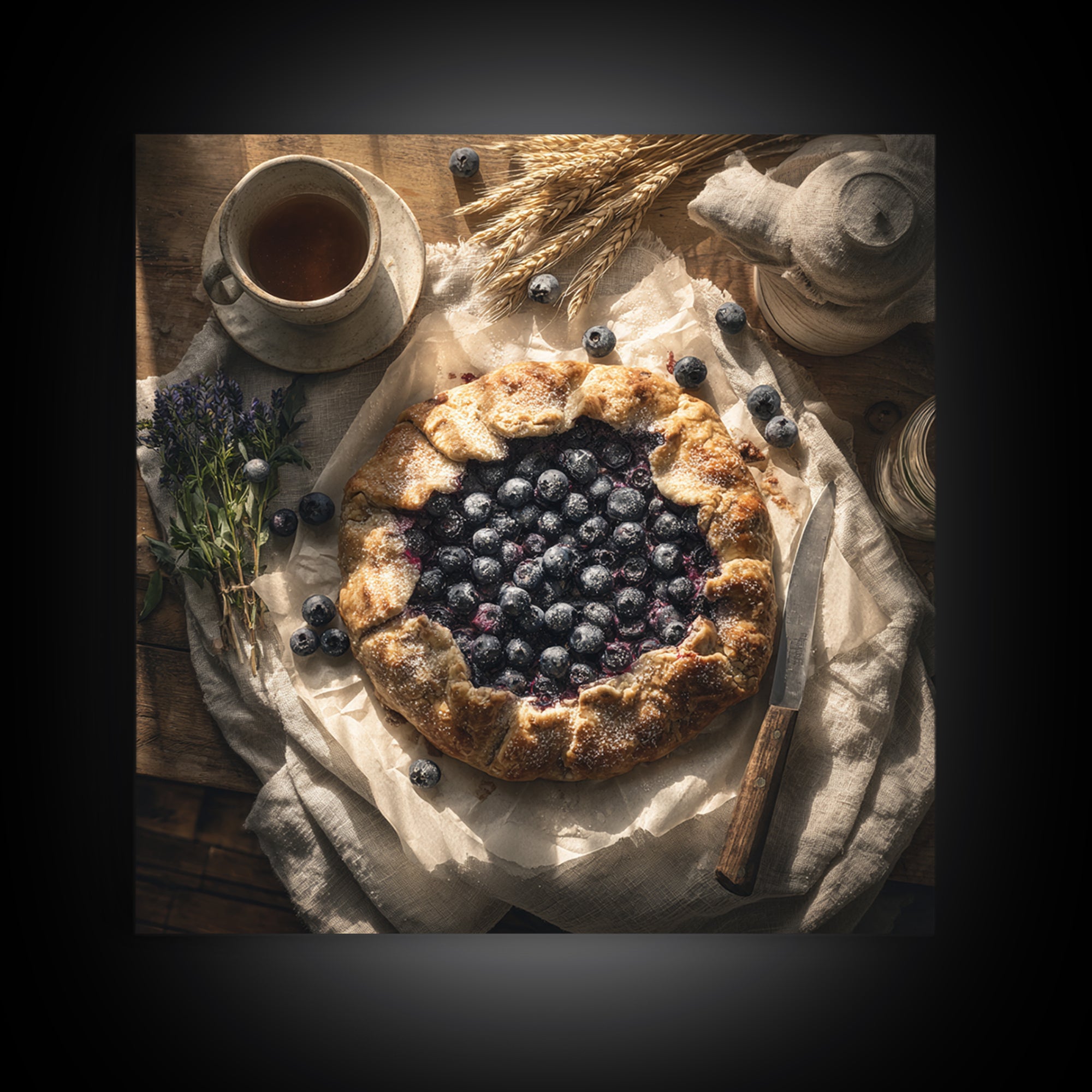 Blueberry Galette with Rustic Farmhouse Texture Framed Canvas Print, Bakery Art, Kitchen Print, Bakery Decor, Patisserie, BAK-1x1-47