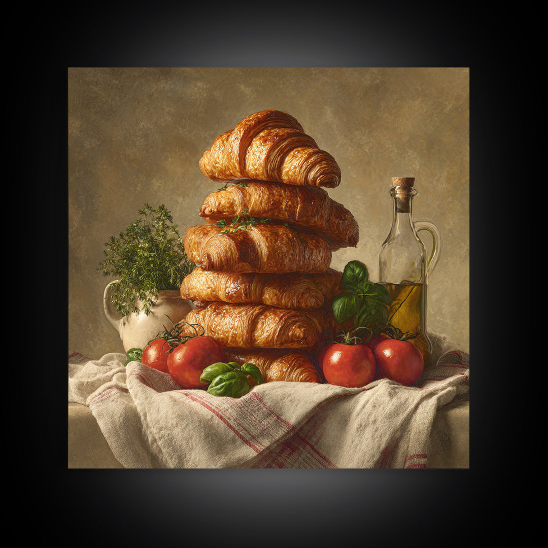 Buttery Croissants Stacked on Striped Linen Canvas Print, Bakery Art, Room Decor, Bakery Decor, Abstract Art, Patisserie, BAK-1x1-49