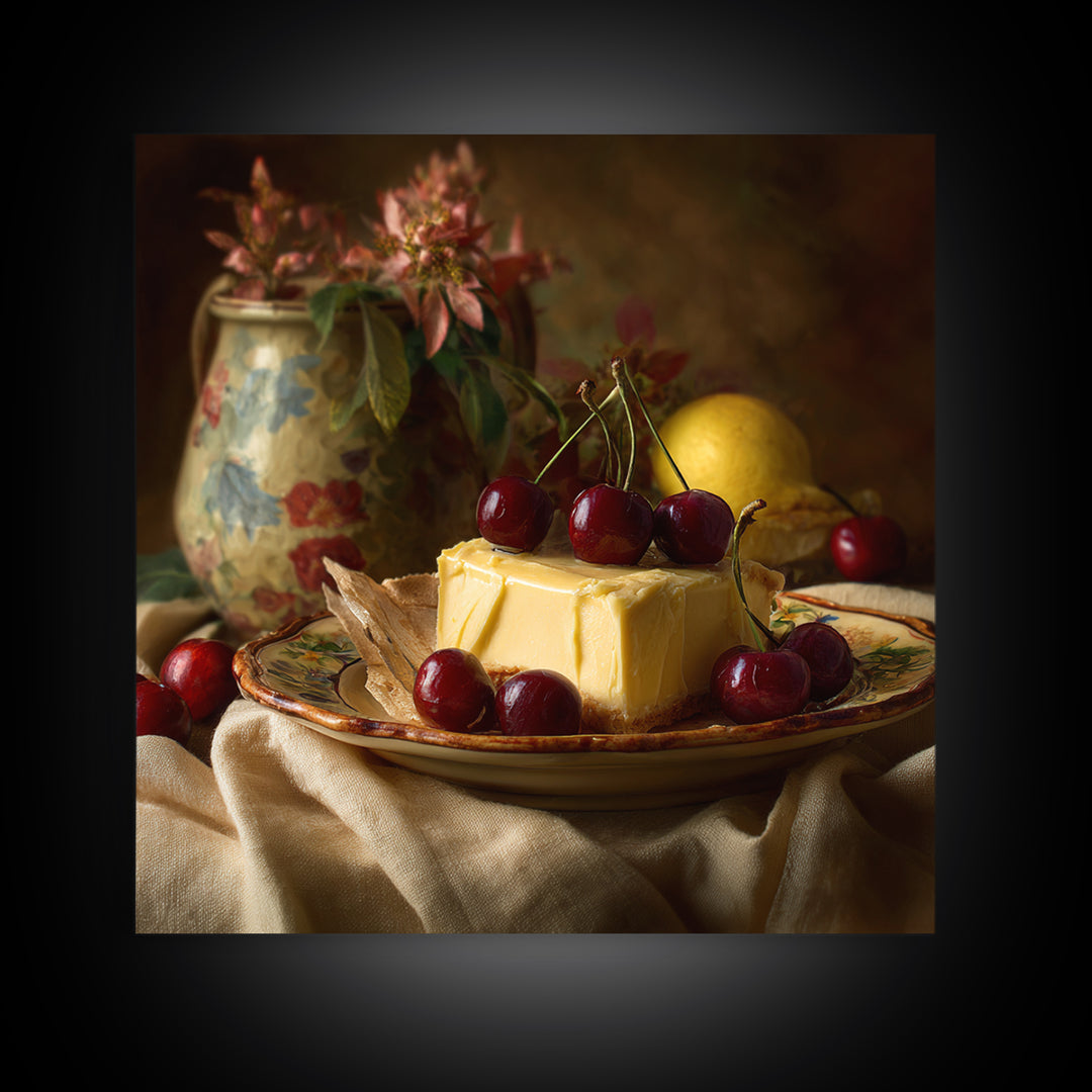 Cherry Tart Still Life Framed Canvas Print, Bakery Art, Textured Painting, Bakery Decor, Fine Art, Patisserie, Printable Art, BAK-1x1-53