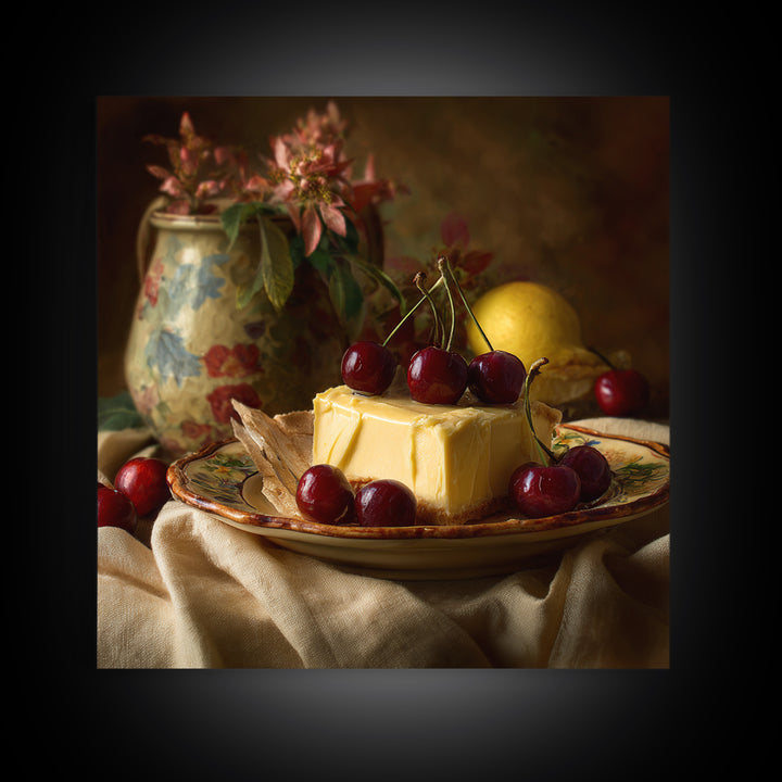Cherry Tart Still Life Framed Canvas Print, Bakery Art, Textured Painting, Bakery Decor, Fine Art, Patisserie, Printable Art, BAK-1x1-53
