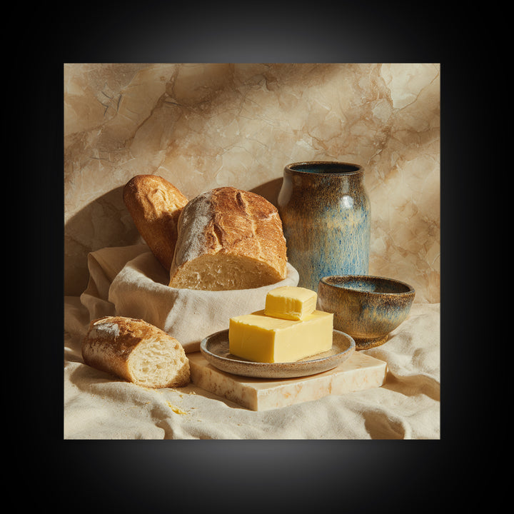 Baguette and Butter Still Life on Marble Framed Canvas Print, Bakery Art, Watercolor Painting, Bakery Decor, Patisserie, BAK-1x1-56