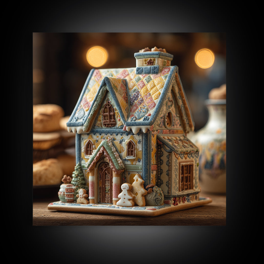 Gingerbread Houses in Charming Folk Art Style Framed Canvas Print, Bakery Art, Gallery Decor, Bakery Decor, Patisserie, BAK-1x1-62