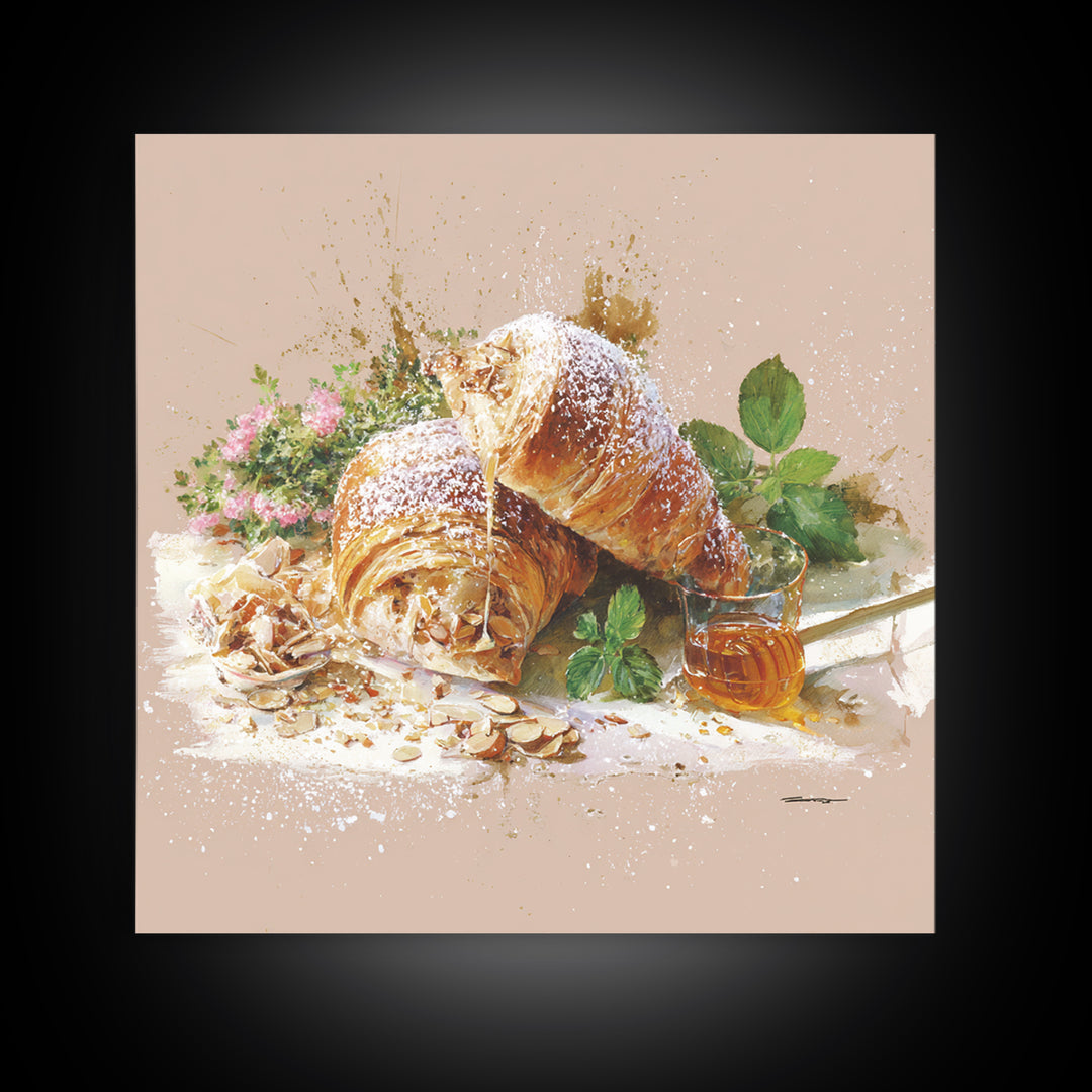 Almond Croissant Closeup Framed Canvas Print, Bakery Art, Neutral Decor, Bakery Decor, Fine Art, Patisserie, Home Decor, BAK-1x1-63