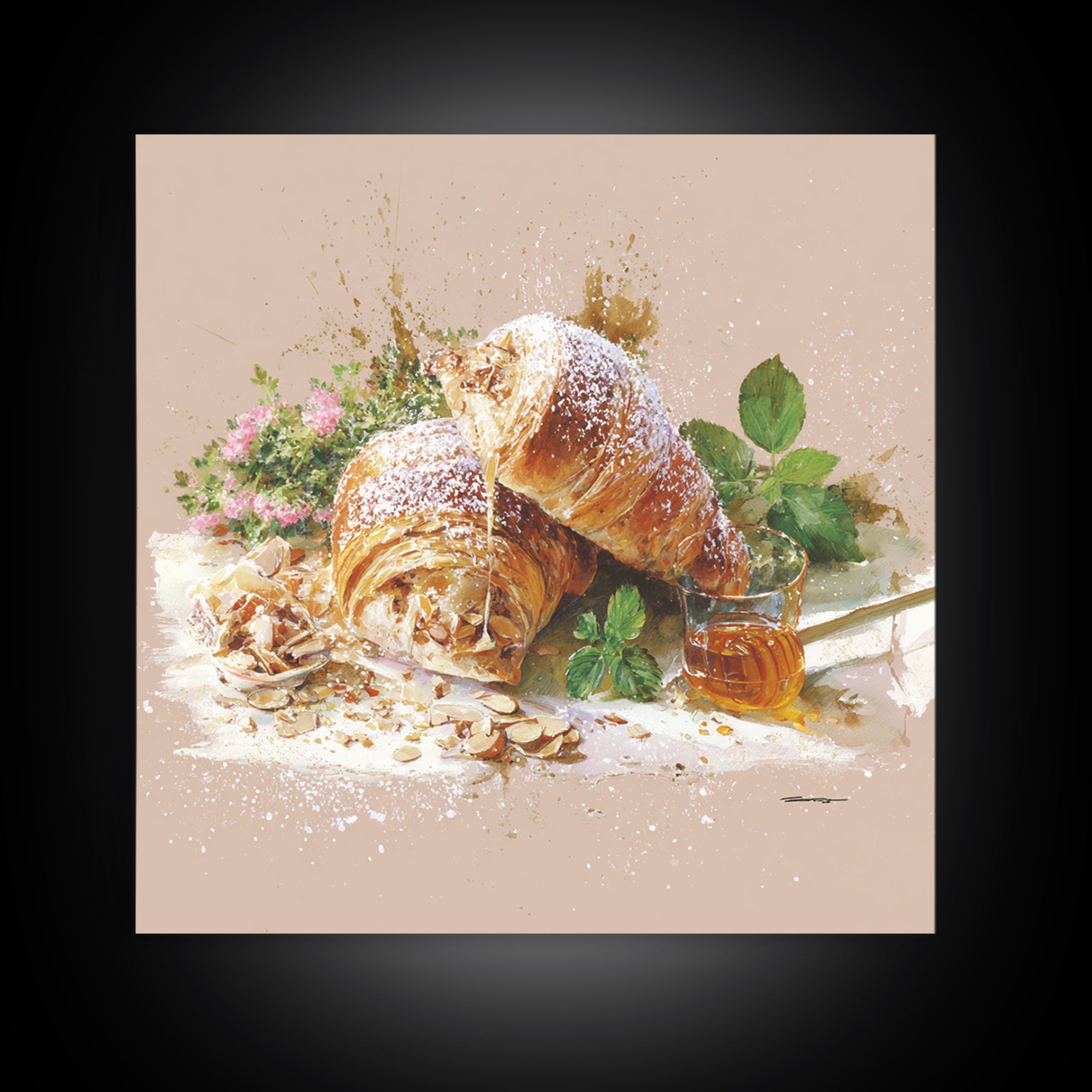 Almond Croissant Closeup Framed Canvas Print, Bakery Art, Neutral Decor, Bakery Decor, Fine Art, Patisserie, Home Decor, BAK-1x1-63