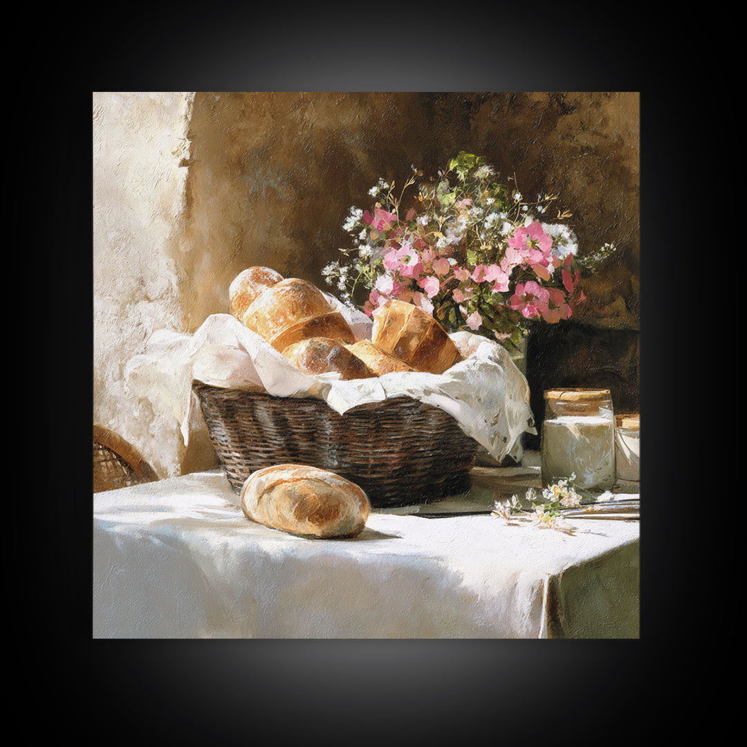 French Market Basket Filled Framed Canvas Print, Bakery Art, French Wall Art, Bakery Decor, Fine Art, Patisserie, Room Decor, BAK-1x1-66