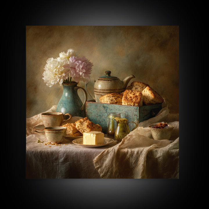 Tea and Scone Arrangement Framed Canvas Print, Bakery Art, Neutral Wall Art, Bakery Decor, Patisserie, Statement Artwork, BAK-1x1-68
