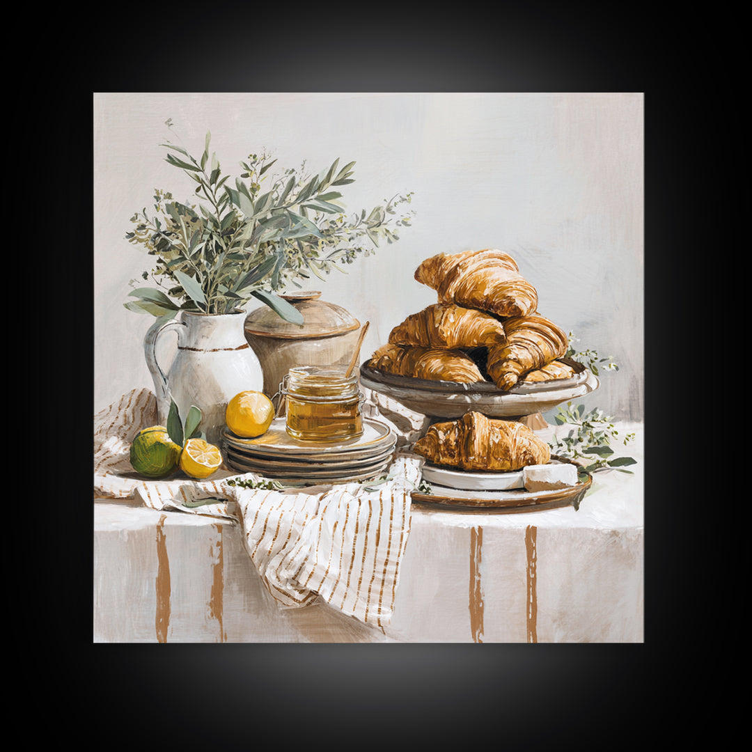 Buttery Croissants Stacked on Striped Linen Framed Canvas Print, Bakery Art, Home Decor, Bakery Decor, Abstract Art, Patisserie, BAK-1x1-73