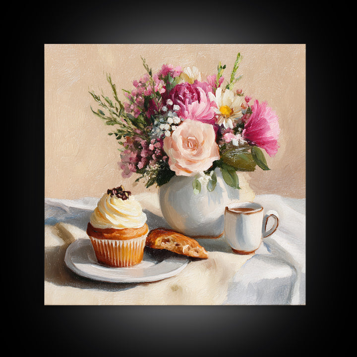 Cupcake Bouquet Painted Framed Canvas Print, Bakery Art, Boho Decor, Bakery Decor, Oil Painting, Patisserie, Printable Wall Art, BAK-1x1-79