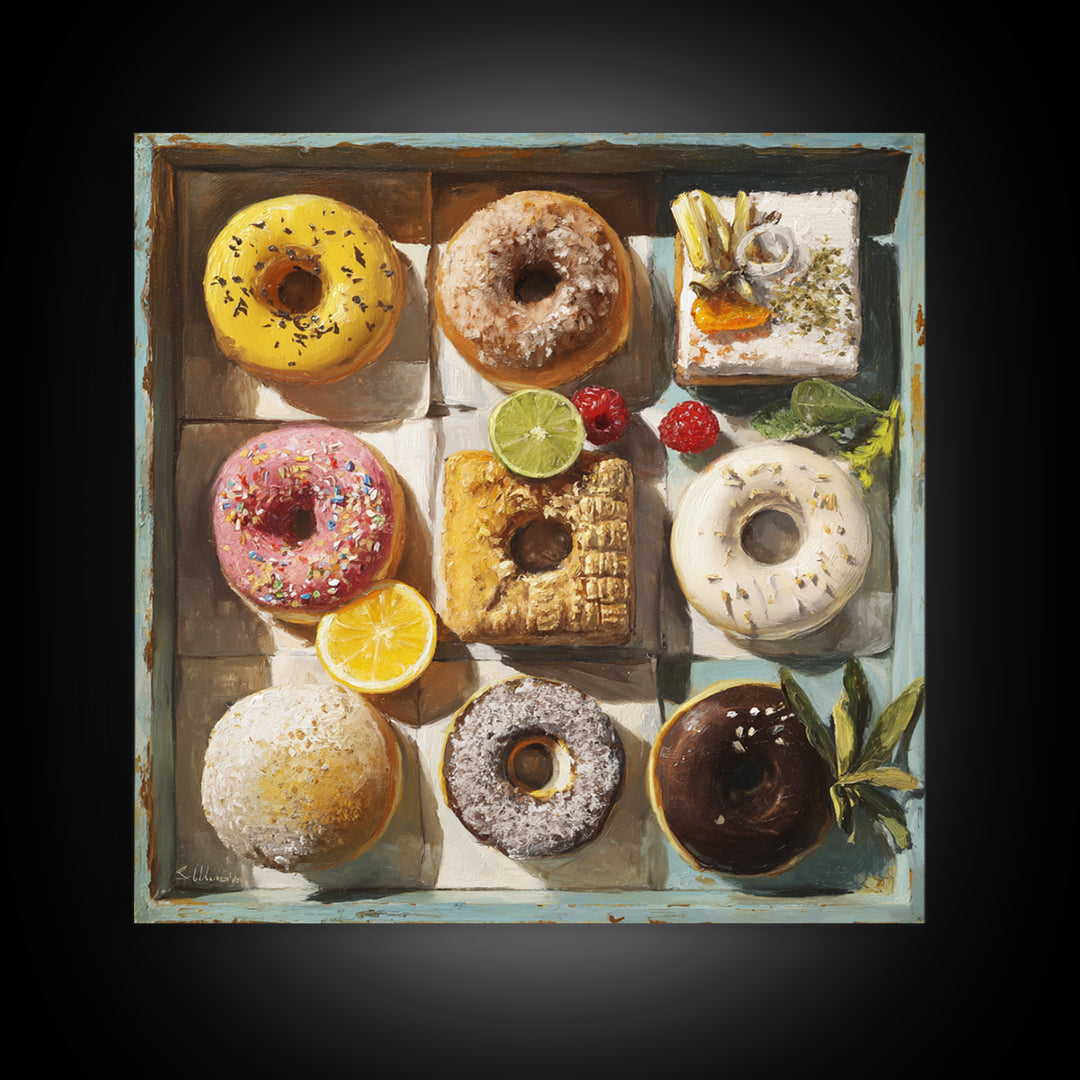 Whimsical Donut Assortment Canvas Print, Bakery Art, Print, Bakery Decor, Fine Art, Patisserie, Food Art, Kitchen Print, BAK-1x1-81