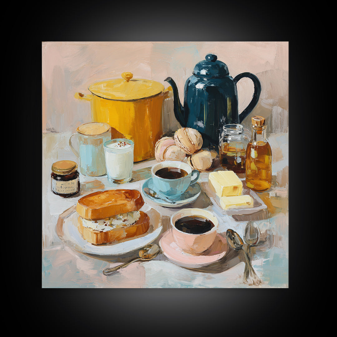 Painterly Eclair and Coffee Still Life Framed Canvas Print, Bakery Art, French Wall Art, Bakery Decor, Abstract Art, Patisserie, BAK-1x1-84