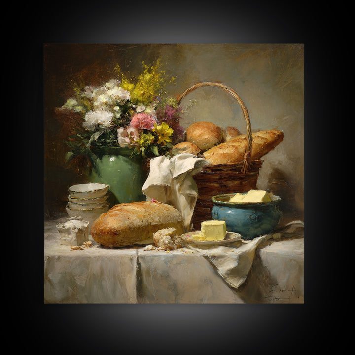 French Market Basket Filled Canvas Print, Bakery Art, Neutral Decor, Bakery Decor, Oil Painting, Patisserie, Home Decor, BAK-1x1-90