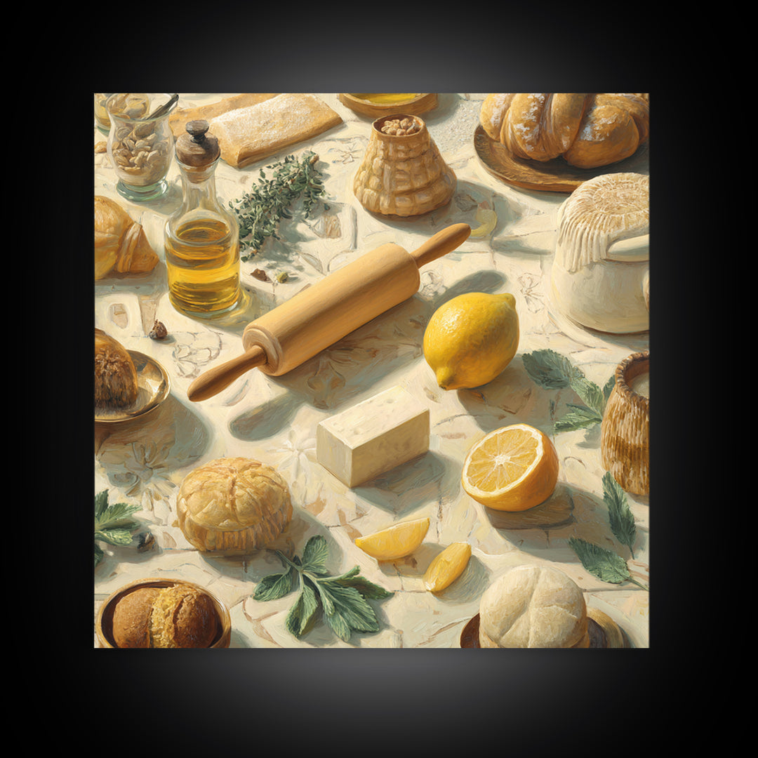 Patisserie Pattern of Rolling Pins and Pastries Framed Canvas Print, Bakery Art, Wall Art, Bakery Decor, Oil Painting, BAK-1x1-93