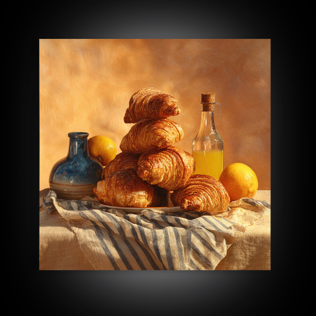 Buttery Croissants Stacked on Striped Linen Canvas Print, Bakery Art, Kitchen Wall Art, Bakery Decor, Fine Art, Patisserie, BAK-1x1-97