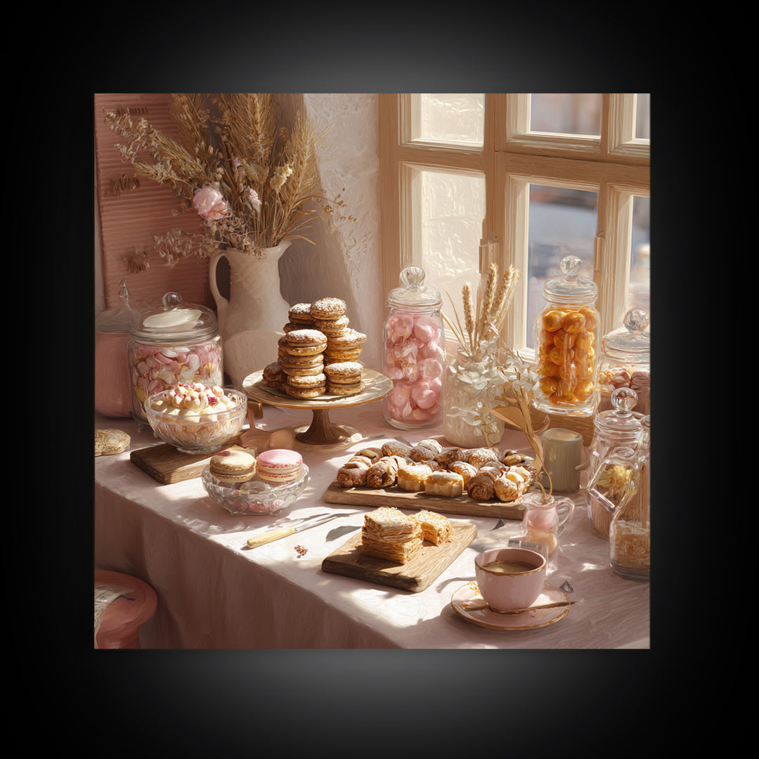 French Patisserie Window Display of Pastel Pastries Canvas Print, Bakery Art, Textured Painting, Bakery Decor, Patisserie, BAK-1x1-98
