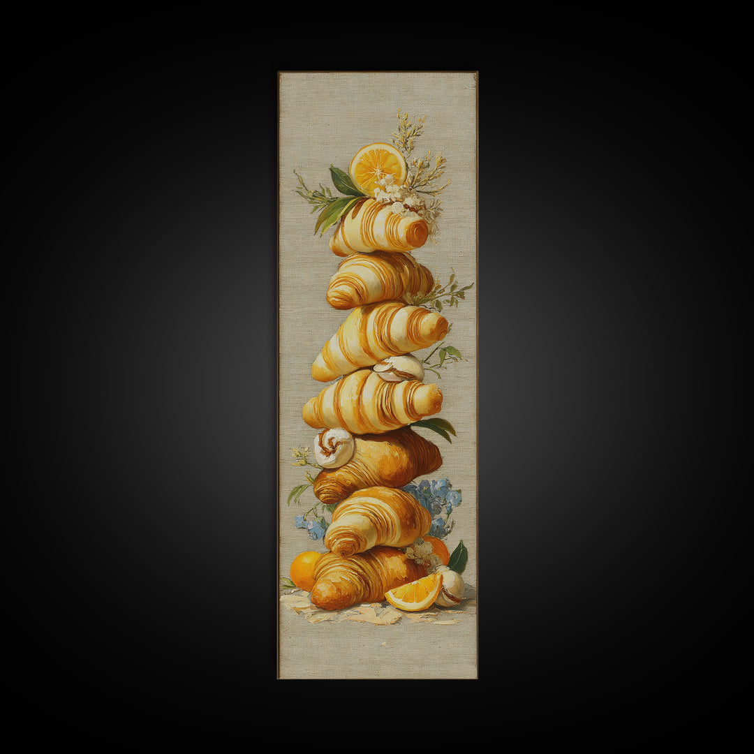 Buttery Croissants Stacked on Striped Linen Canvas Print, Bakery Art, Minimalist Decor, Bakery Decor, Fine Art, Patisserie, BAK-1x3-13