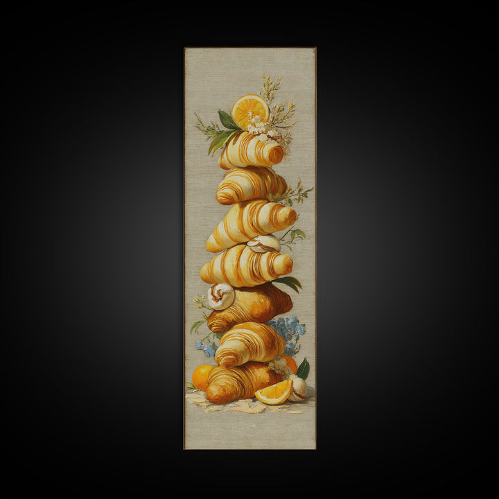 Buttery Croissants Stacked on Striped Linen Canvas Print, Bakery Art, Minimalist Decor, Bakery Decor, Fine Art, Patisserie, BAK-1x3-13