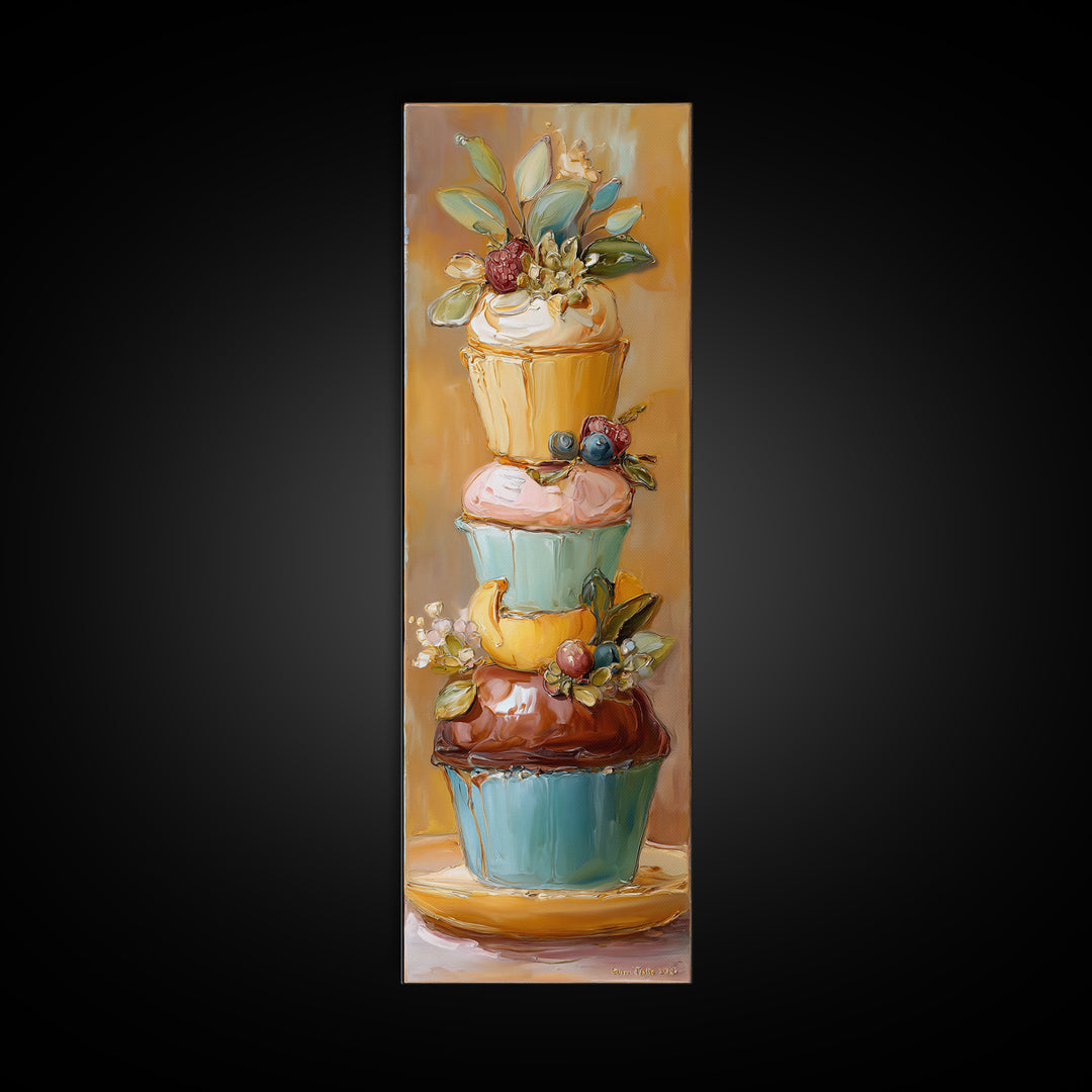 Cupcake Bouquet Painted Framed Canvas Print, Bakery Art, Kitchen Wall Decor, Bakery Decor, Patisserie, Whimsical Wall Art, BAK-1x3-19