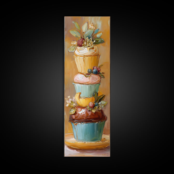 Cupcake Bouquet Painted Framed Canvas Print, Bakery Art, Kitchen Wall Decor, Bakery Decor, Patisserie, Whimsical Wall Art, BAK-1x3-19