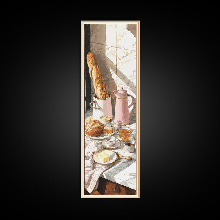 Baguette and Butter Still Life on Marble Framed Canvas Print, Bakery Art, Wall Decor, Bakery Decor, Fine Art, Patisserie, BAK-1x3-20