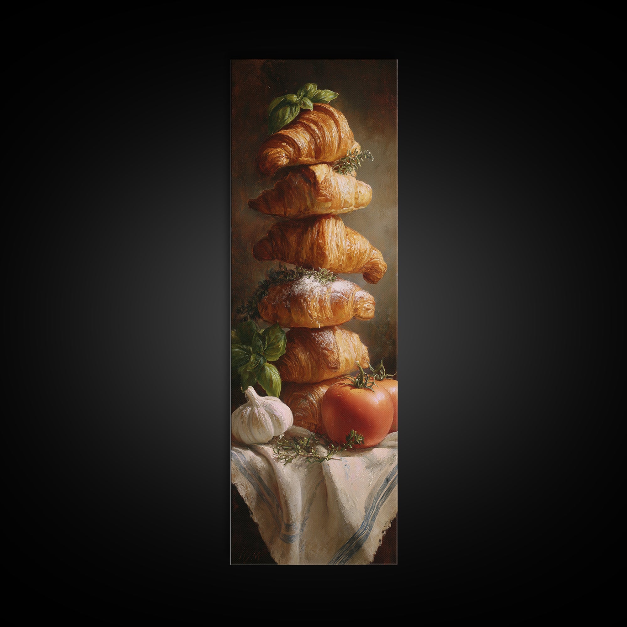 Buttery Croissants Stacked on Striped Linen Canvas Print, Bakery Art, Minimalist Decor, Bakery Decor, Fine Art, Patisserie, BAK-1x3-37