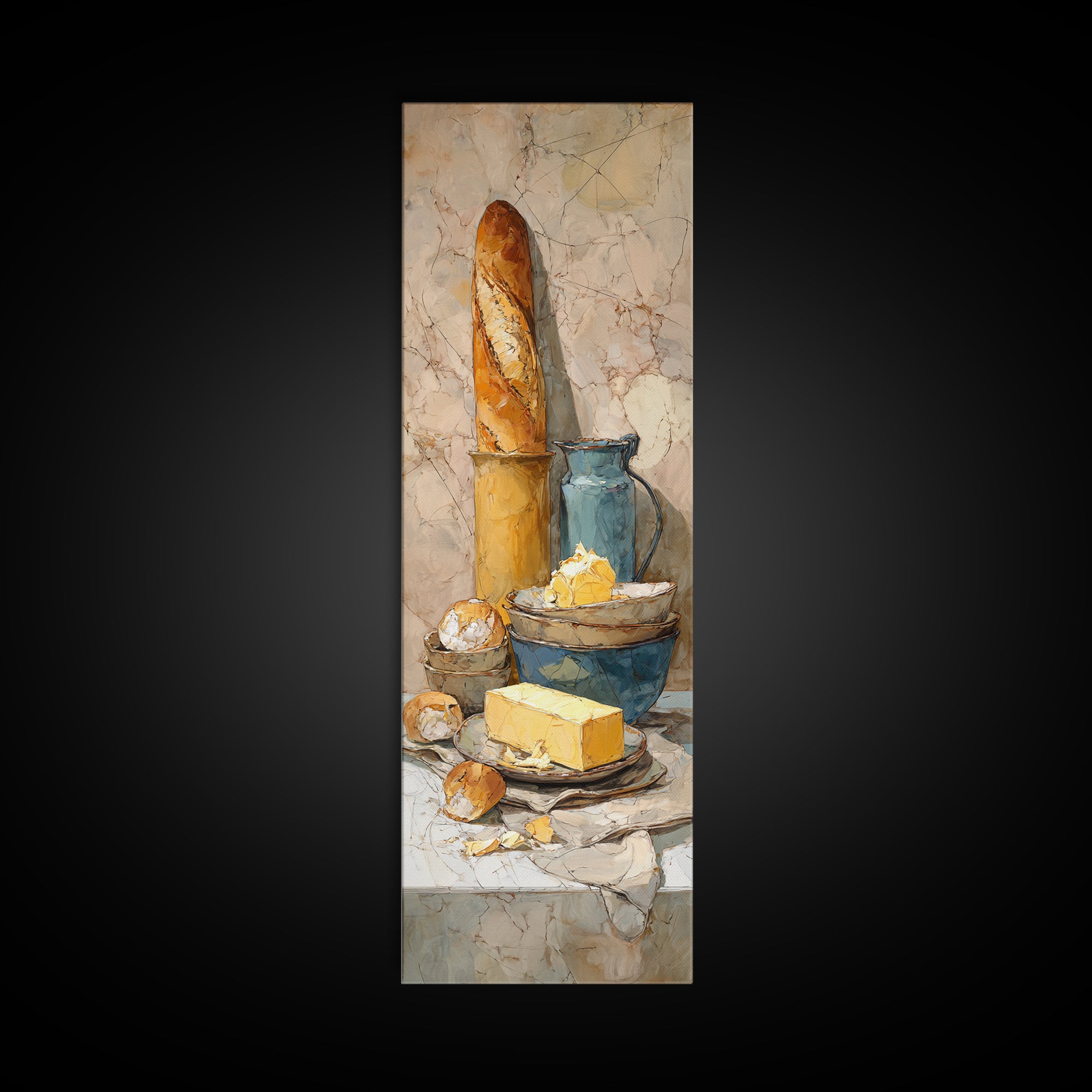 Baguette and Butter Still Life on Marble Canvas Print, Bakery Art, Digital Print, Bakery Decor, Fine Art, Patisserie, BAK-1x3-44