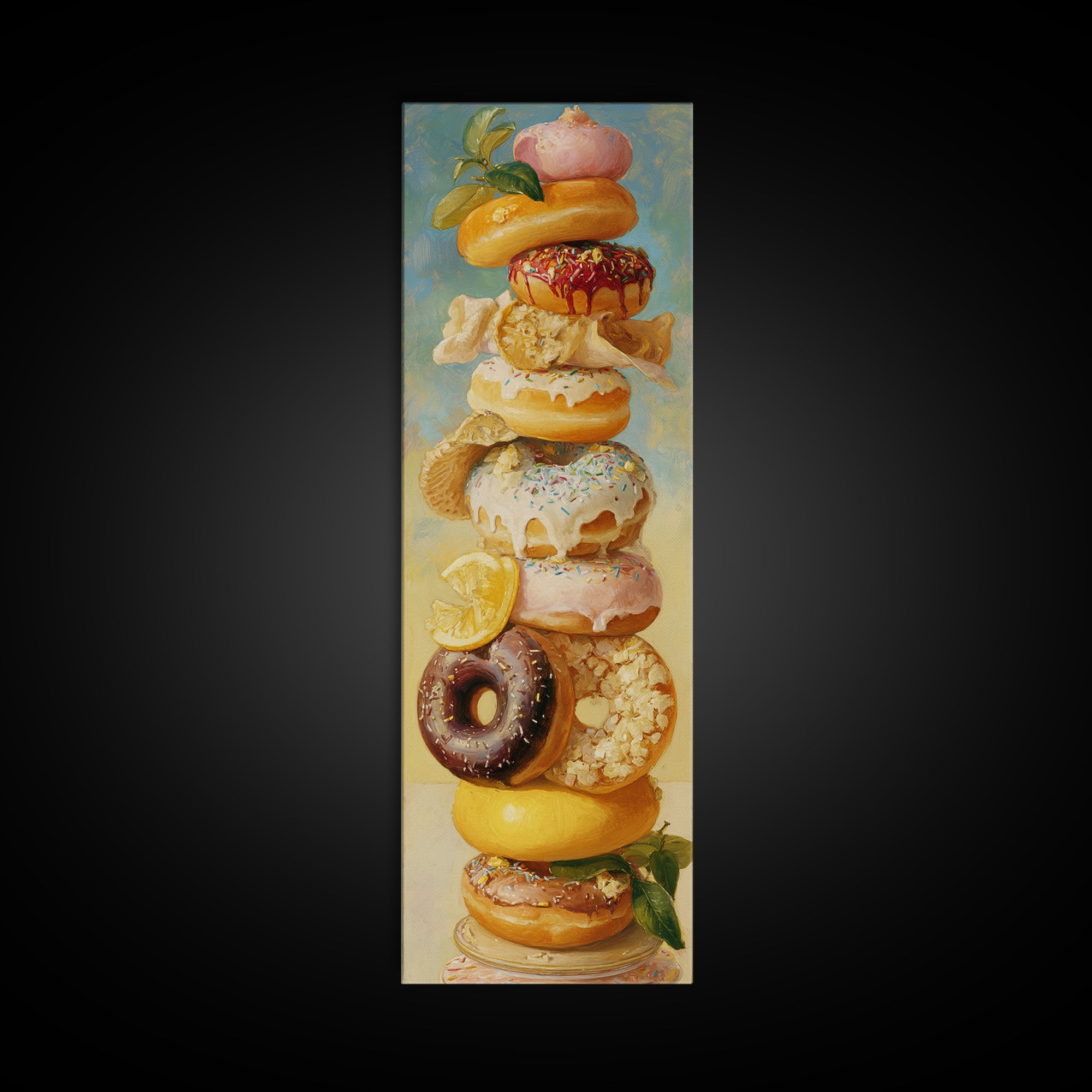 Whimsical Donut Assortment Framed Canvas Print, Bakery Art, Wall Art, Bakery Decor, Oil Painting, Patisserie, BAK-1x3-69