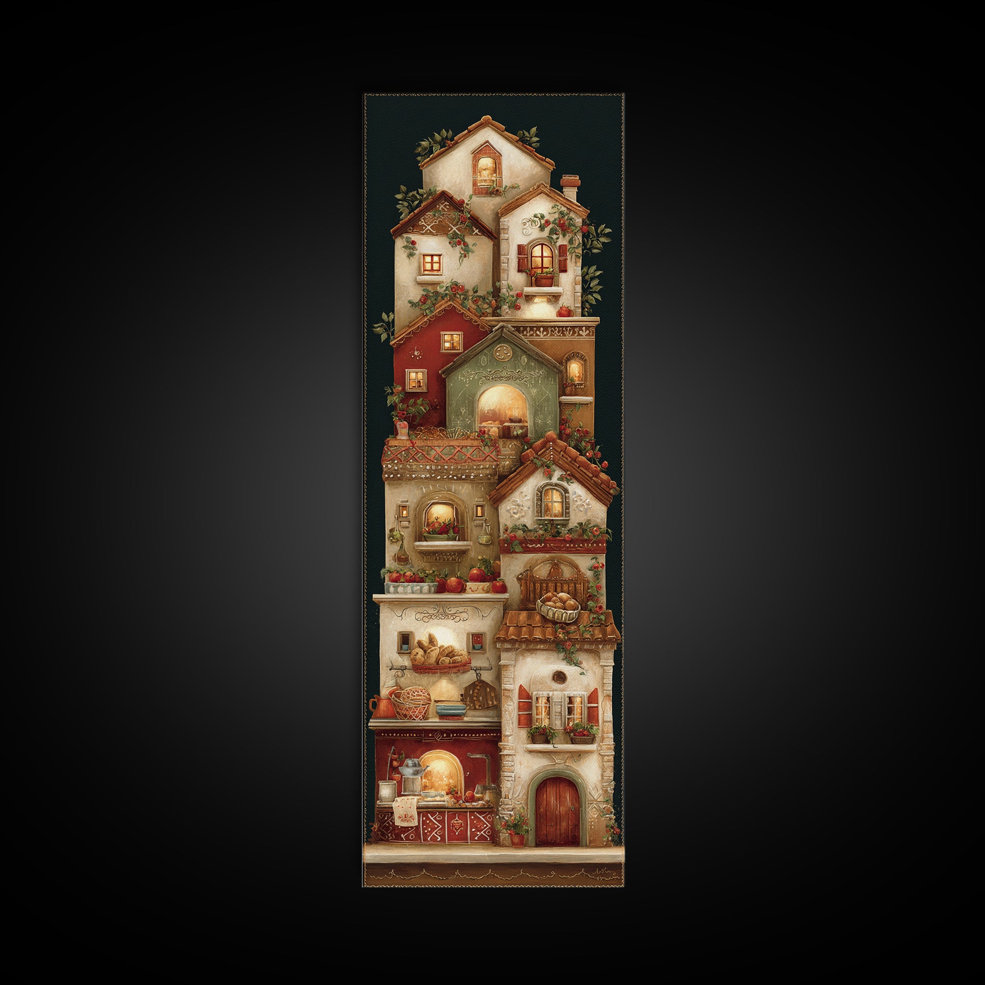 Gingerbread Houses in Charming Folk Art Style Framed Canvas Print, Bakery Art, Fine Art Print, Bakery Decor, Patisserie, BAK-1x3-74