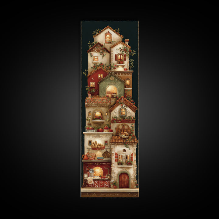 Gingerbread Houses in Charming Folk Art Style Framed Canvas Print, Bakery Art, Fine Art Print, Bakery Decor, Patisserie, BAK-1x3-74