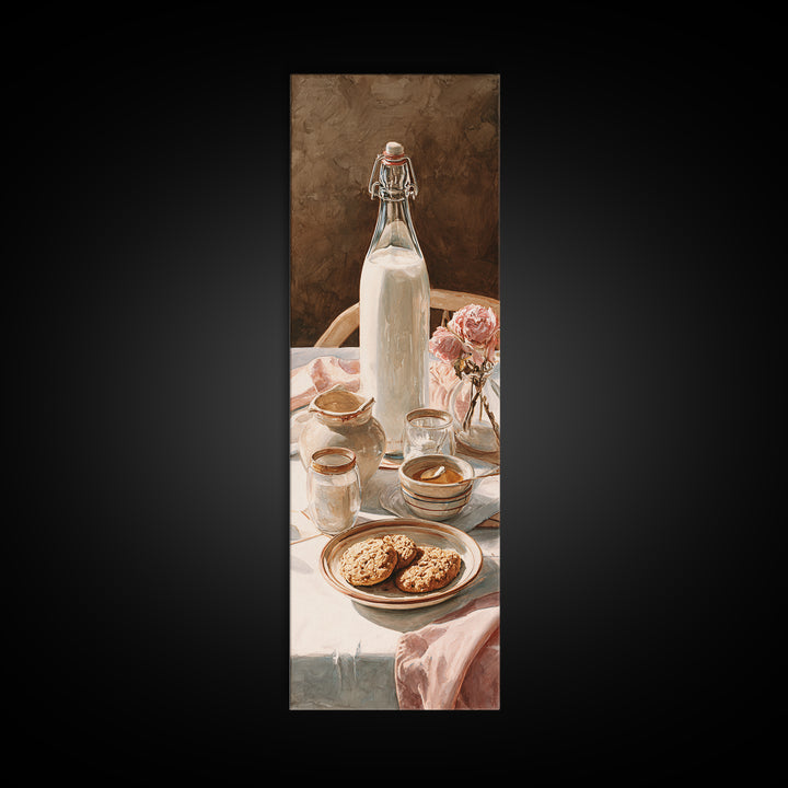 Milk Bottle and Cookies Nostalgic Still Life Canvas Print, Bakery Art, Boho Decor, Bakery Decor, Oil Painting, Patisserie, BAK-1x3-82