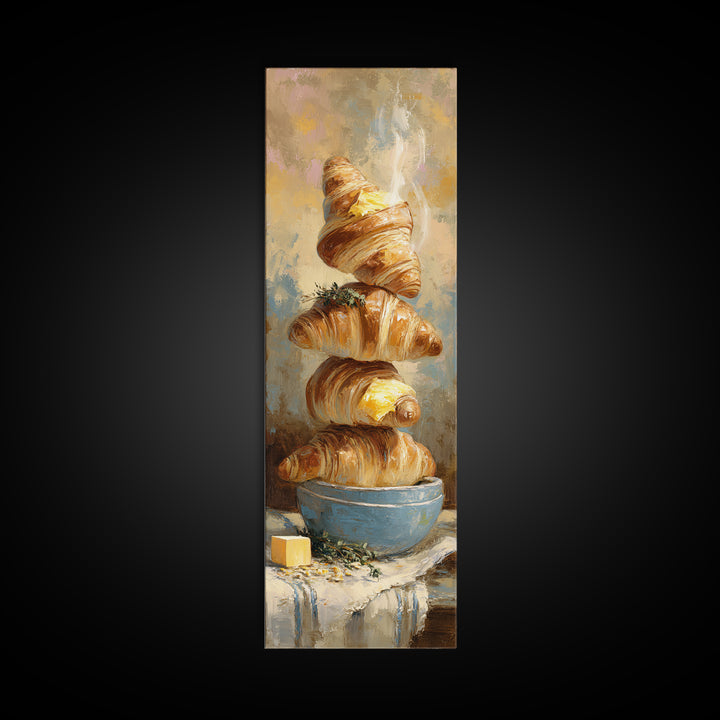 Buttery Croissants Stacked on Striped Linen Canvas Print, Bakery Art, Kitchen Art, Bakery Decor, Abstract Art, Patisserie, BAK-1x3-85