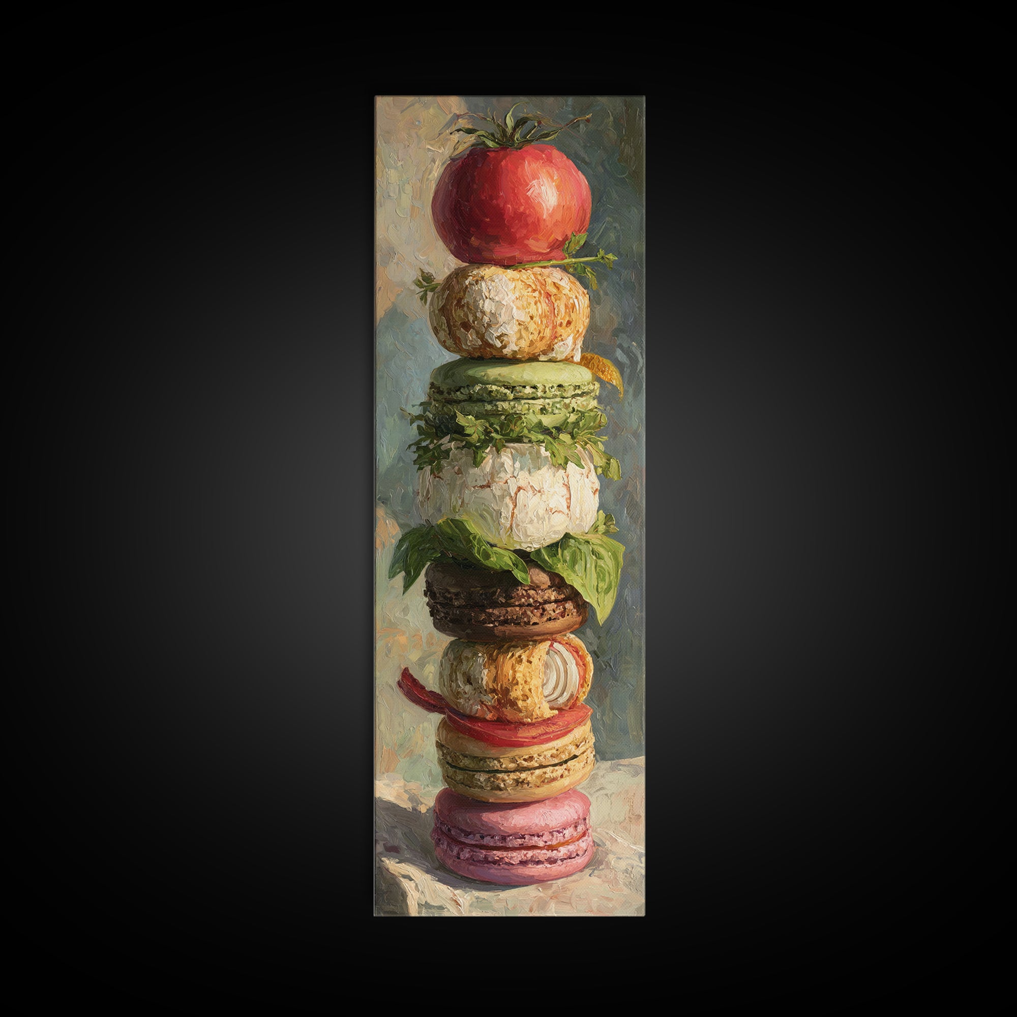 Single Perfect Macaron Tower Framed Canvas Print, Bakery Art, Statement Artwork, Bakery Decor, Fine Art, Patisserie, Art Print, BAK-1x3-87