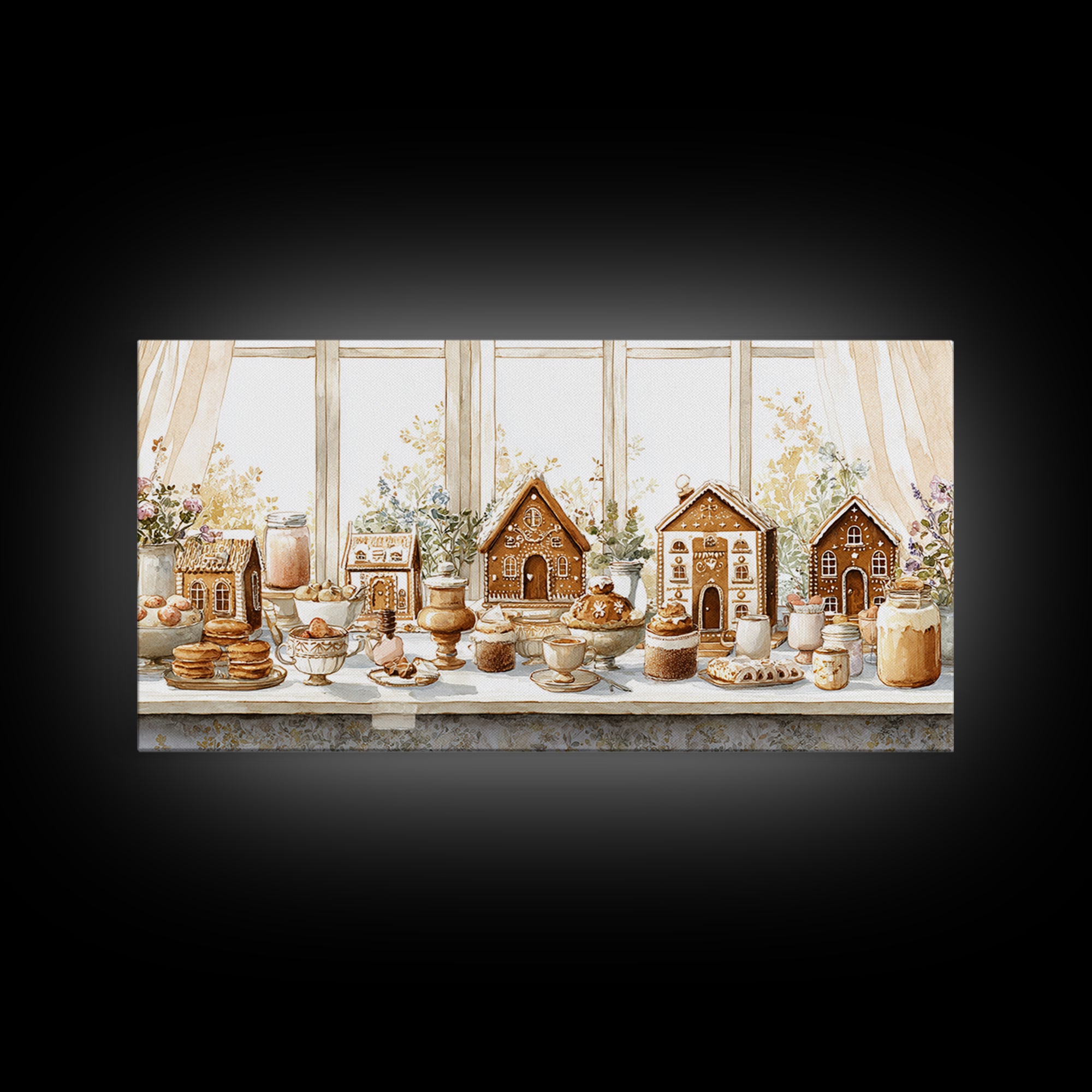 Gingerbread Houses in Charming Folk Art Style Framed Canvas Print, Bakery Art, Contemporary Art, Bakery Decor, Patisserie, BAK-2x1-10