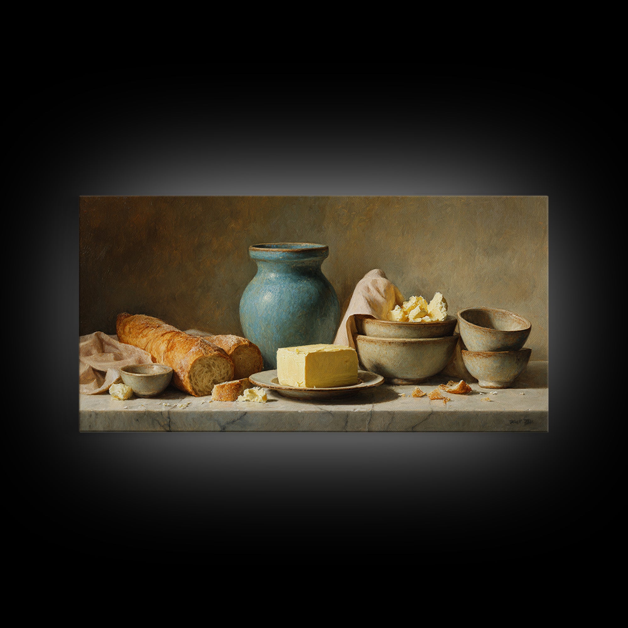 Baguette and Butter Still Life on Marble Framed Canvas Print, Bakery Art, Neutral Wall Art, Bakery Decor, Fine Art, Patisserie, BAK-2x1-100
