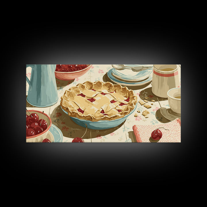 Retro Diner Pie Illustration Framed Canvas Print, Bakery Art, Room Decor, Bakery Decor, Fine Art, Patisserie, Digital Print, BAK-2x1-12