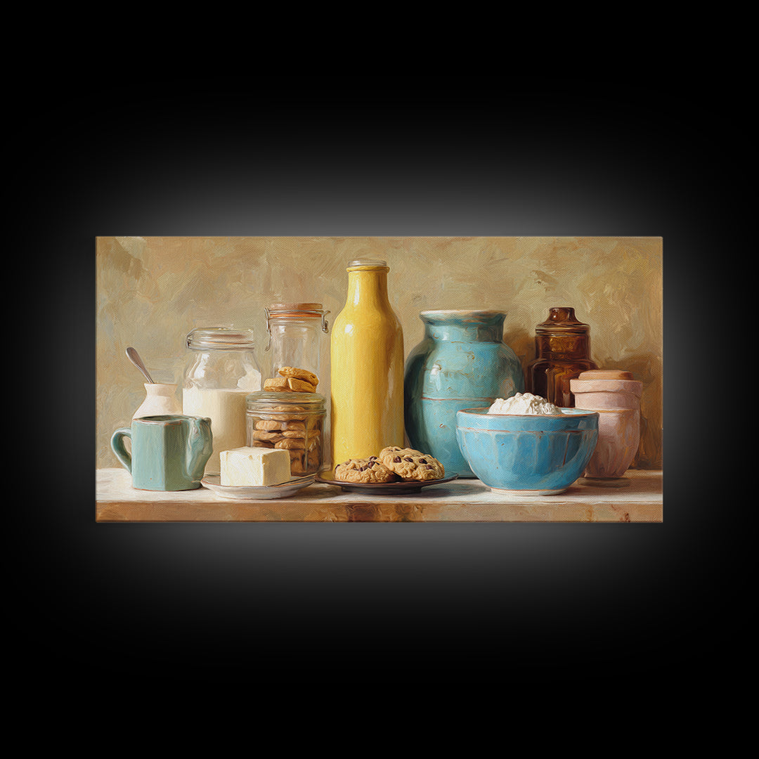 Milk Bottle and Cookies Nostalgic Still Life Framed Canvas Print, Bakery Art, Room Decor, Bakery Decor, Fine Art, Patisserie, BAK-2x1-18